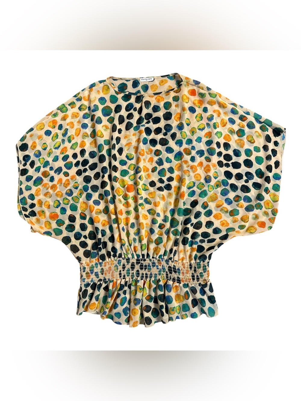 Cha Cha Vente Y2K Multicolor Polka Dot Top w/ Dolman Sleeves & Elastic Waist. 2X